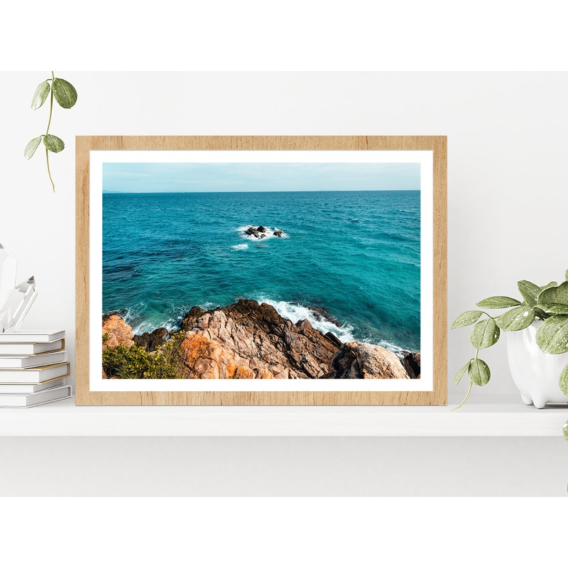 Tropical Beach At Island & Rocks Glass Framed Wall Art, Ready to Hang Quality Print