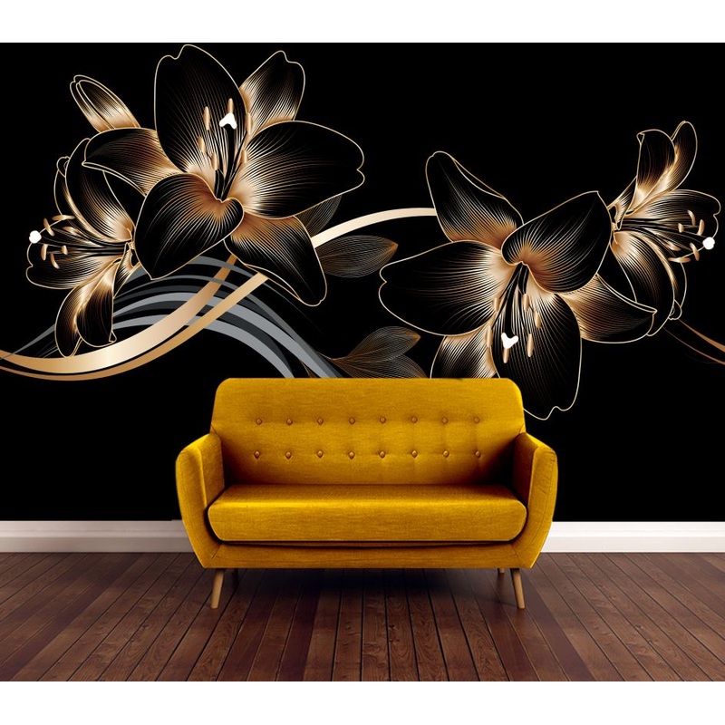 Wallpaper Murals Peel and Stick Removable Black & Gold Floral Abstract Design High Quality