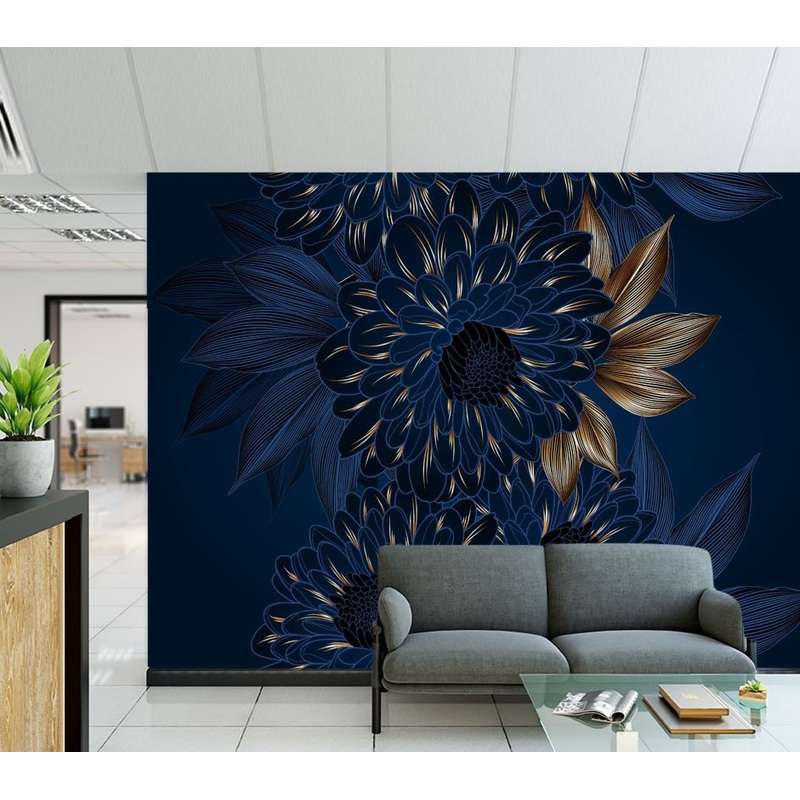 Wallpaper Murals Peel and Stick Removable Blue & Gold Floral Abstract Design High Quality