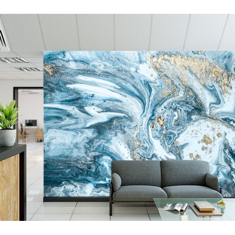 Wallpaper Murals Peel and Stick Removable Blue White & Gold Abstract Design High Quality