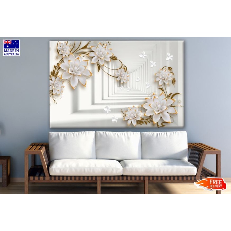 3D Gold & White Floral Design Print 100% Australian Made