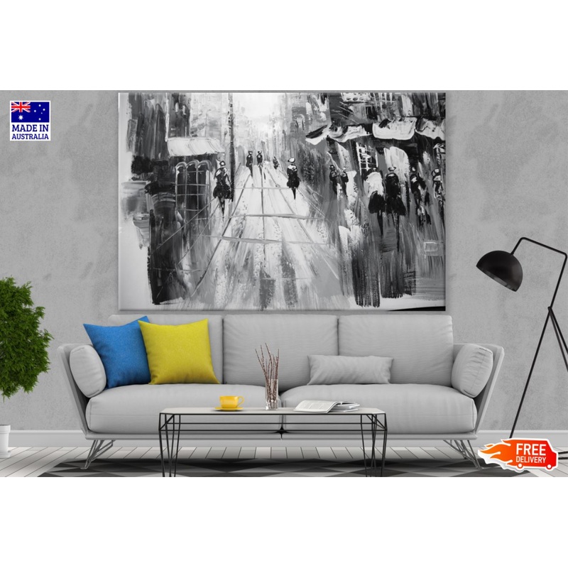 People Walking in Street B&W Painting Print 100% Australian Made
