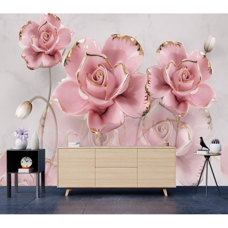 Wallpaper Murals Peel and Stick Removable 3D Pink & Gold Floral Design High Quality