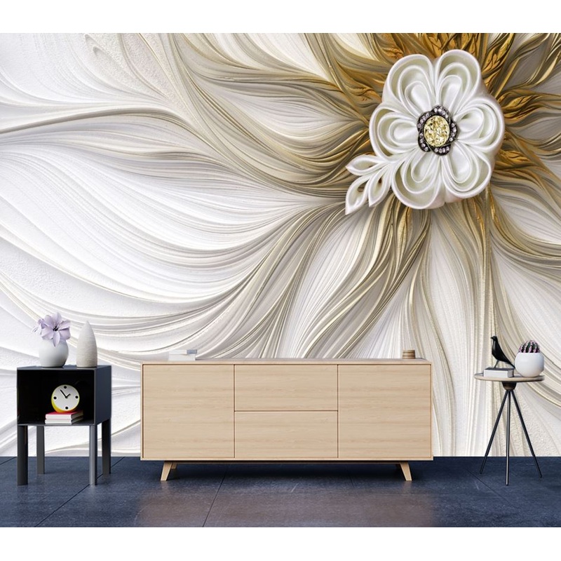 Wallpaper Murals Peel and Stick Removable Gold & White 3D Abstract Flower Design High Quality