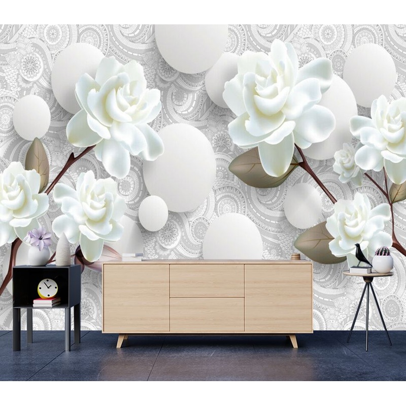 Wallpaper Murals Peel and Stick Removable White Floral 3D Design High Quality