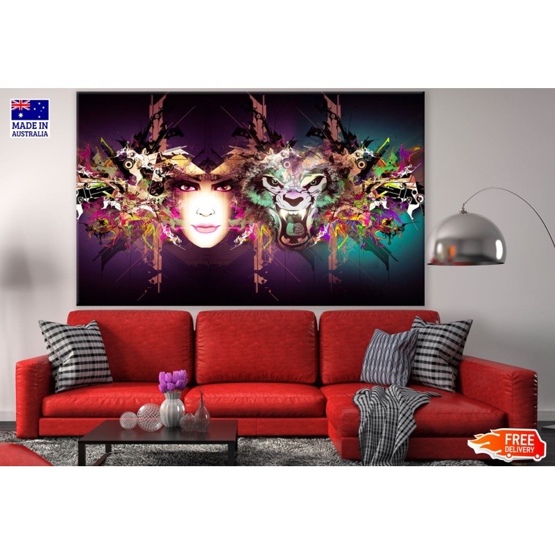 Woman Face & Wolf Face Portrait Abstract Design Print 100% Australian Made