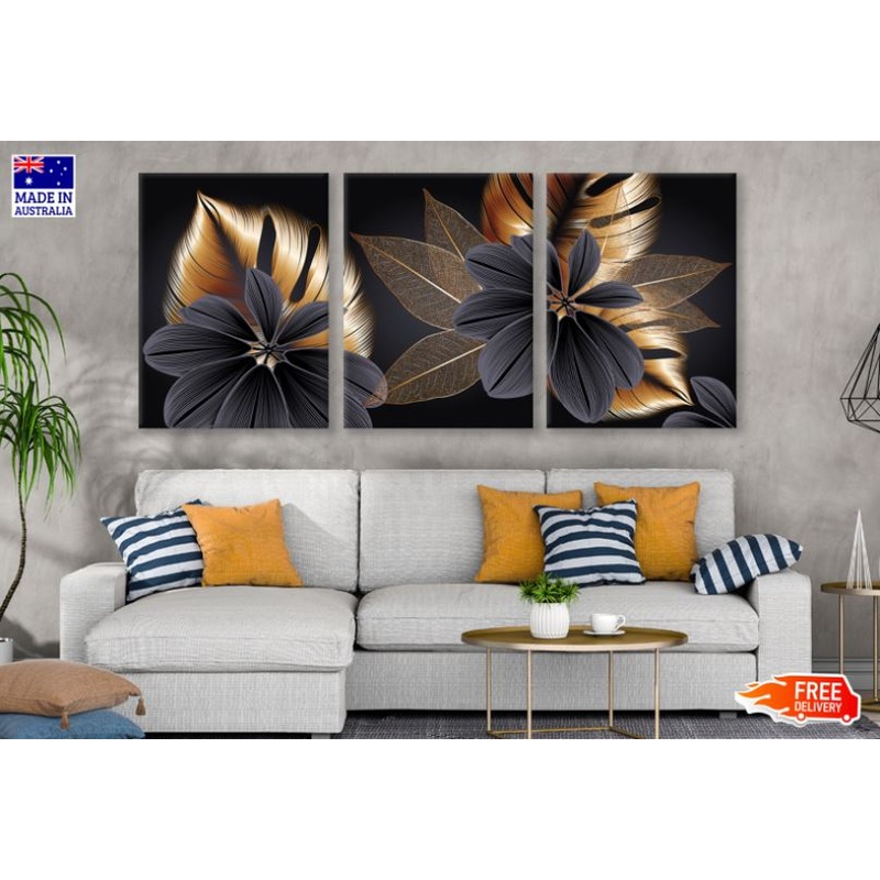 3 Set of Black & Gold Abstract Floral Design High Quality Print 100% Australian Made Wall Canvas Ready to Hang