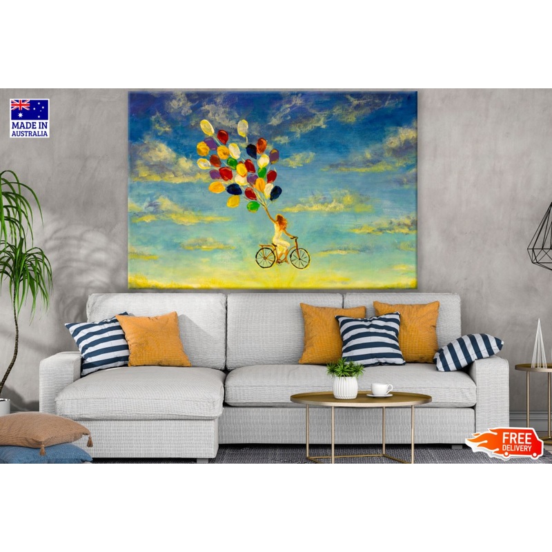 Bicycle & Colorful Balloons Oil Painting Print 100% Australian Made
