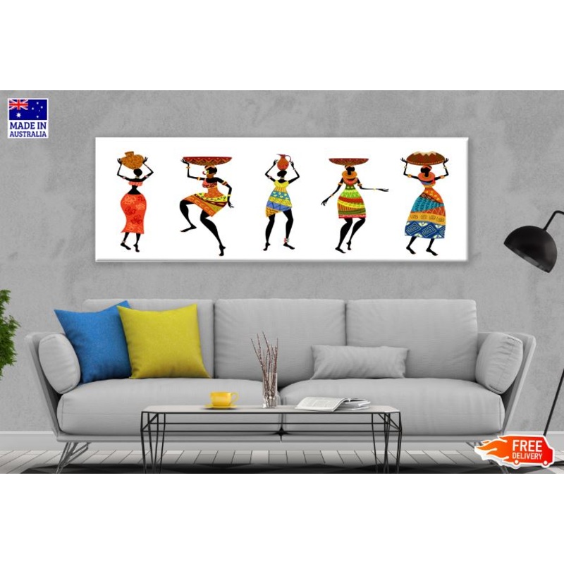 Panoramic Canvas Dancing African Ladies Vector Art Design High Quality 100% Australian Made Wall Canvas Print Ready to Hang