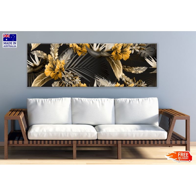 Panoramic Canvas Golden & Black Flowers Design High Quality 100% Australian Made Wall Canvas Print Ready to Hang