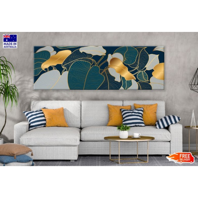 Panoramic Canvas Green & Gold Vector Leaves Design High Quality 100% Australian Made Wall Canvas Print Ready to Hang