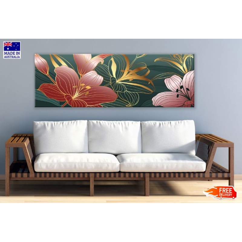 Panoramic Canvas Red Gold & Pink Flowers with Leaves Abstract Design High Quality 100% Australian Made Wall Canvas Print Ready to Hang