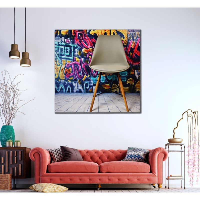 Square Canvas Colorful Grafitti Wall Design & Chair Photograph High Quality Print 100% Australian Made