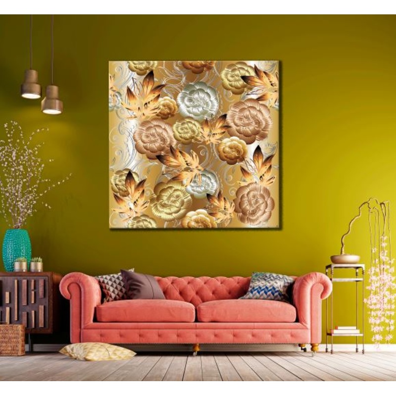 Square Canvas Golden Floral Abstract Design High Quality Print 100% Australian Made
