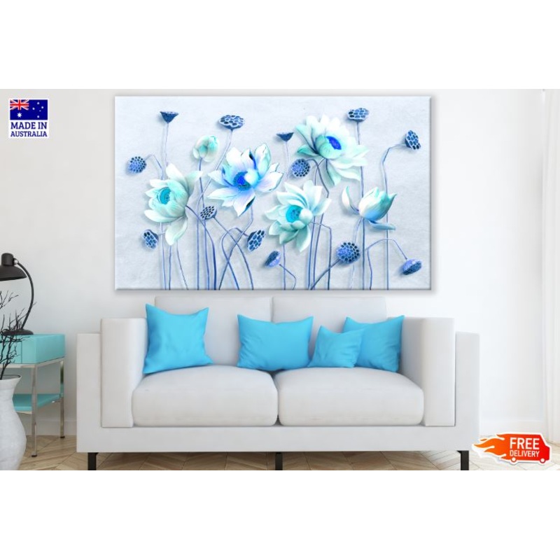 White & Blue Lotus Floral 3D Design Print 100% Australian Made