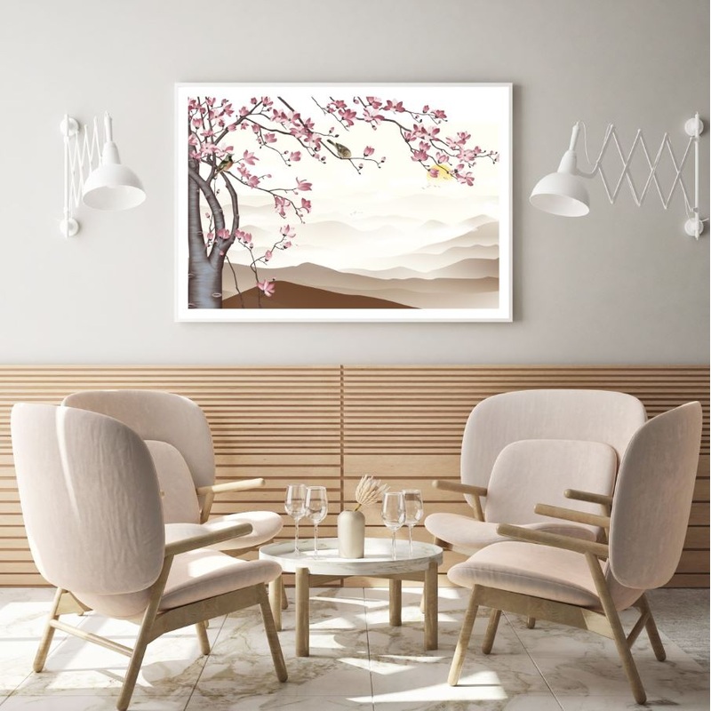 Pink Flower Tree & Birds Painting Home Decor Premium Quality Poster Print Choose Your Sizes