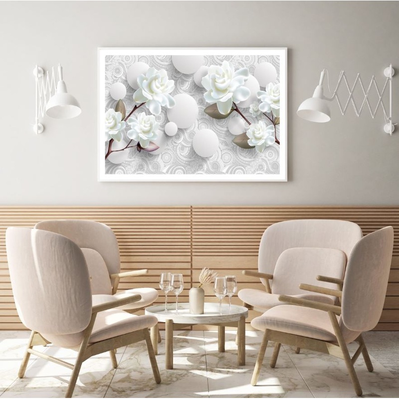 White Flowers & Circles 3D Design Home Decor Premium Quality Poster Print Choose Your Sizes