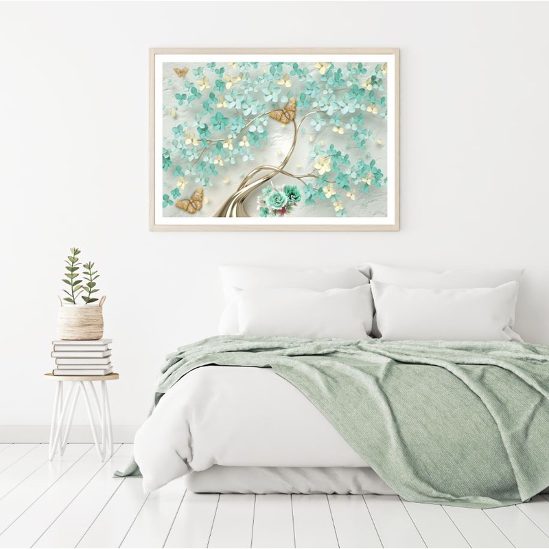 Blue Tree & Gold Butterfly 3D Art Home Decor Premium Quality Poster Print Choose Your Sizes