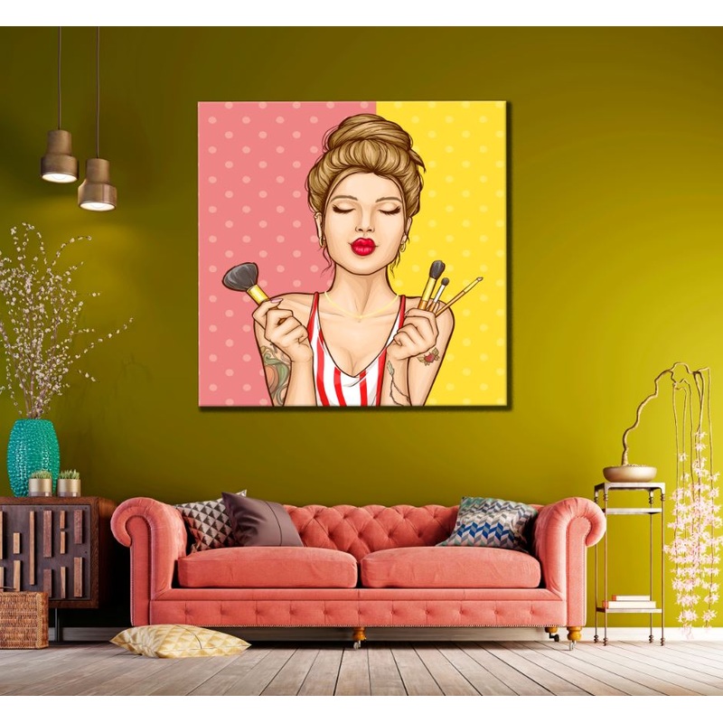 Square Canvas Girl with Makeup Brushes Pop Art High Quality Print 100% Australian Made