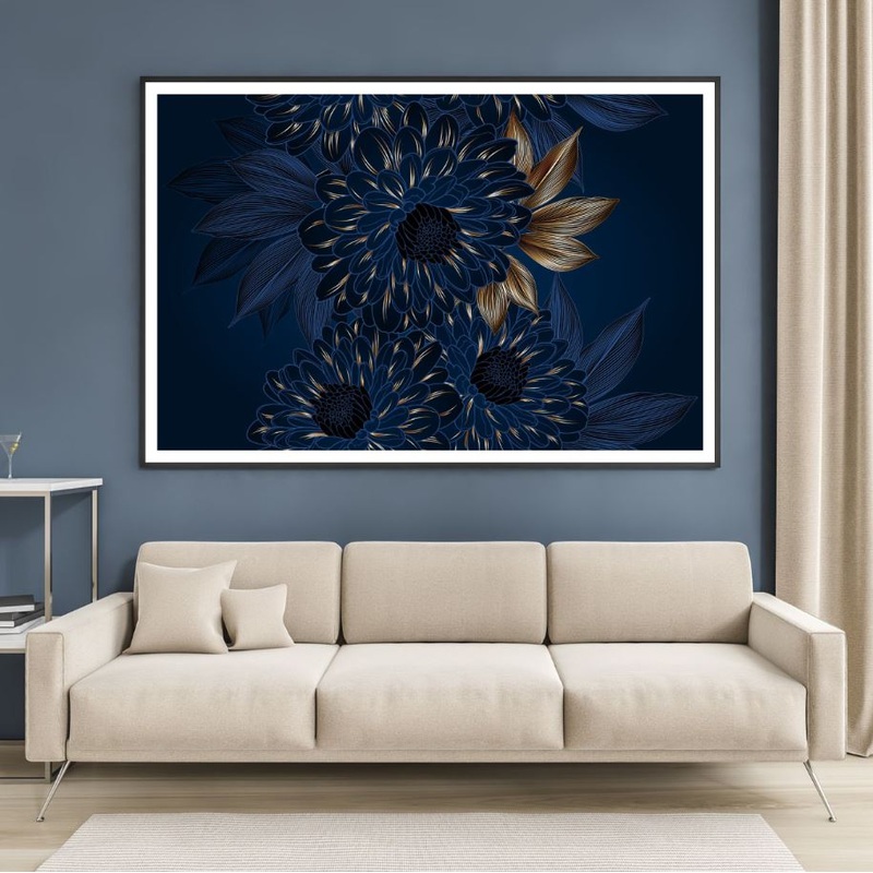Blue & Gold Abstract Flowers Home Decor Premium Quality Poster Print Choose Your Sizes