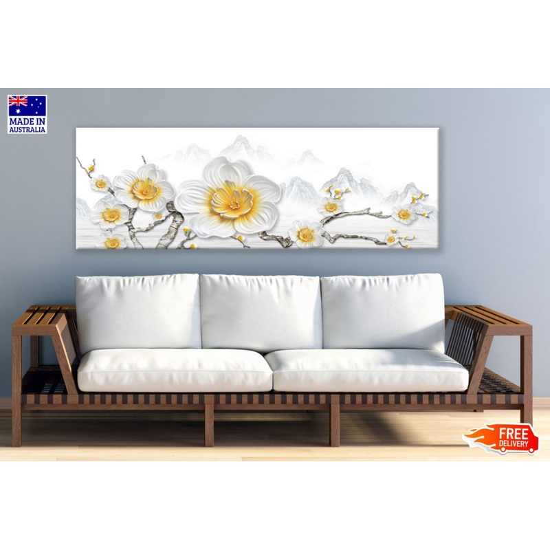 Panoramic Canvas White Flowers 3D Art High Quality 100% Australian Made Wall Canvas Print Ready to Hang