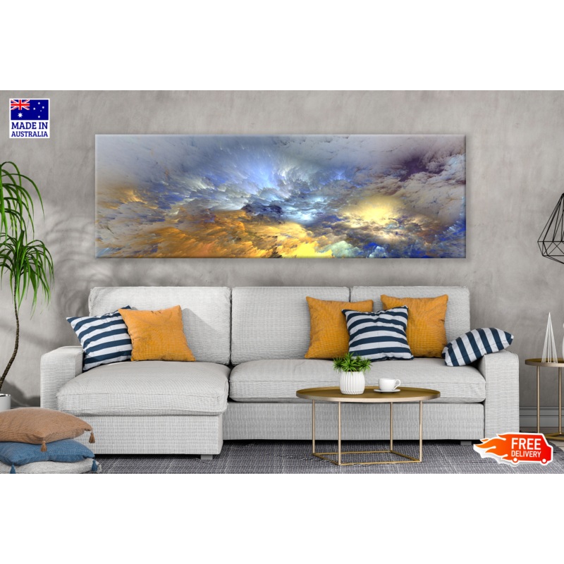 Panoramic Canvas Yellow Blue & Grey Abstract Design High Quality 100% Australian made wall Canvas Print ready to hang