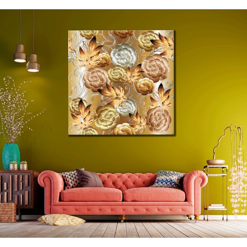 Square Canvas Gold Flowers Abstract Design High Quality Print 100% Australian Made