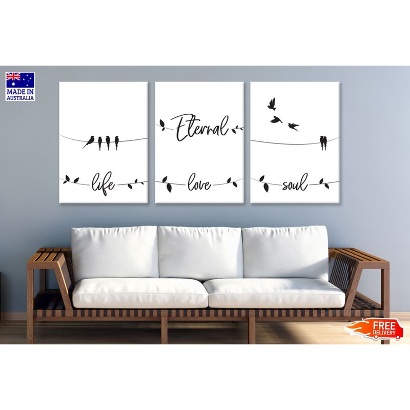 3 Set of Birds & B&W Words Life Love & Soul Art High Quality Print 100% Australian Made Wall Canvas Ready to Hang