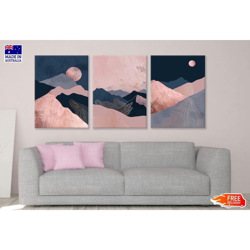 3 Set of Pink Blue Mountain View Art High Quality Print 100% Australian Made Wall Canvas Ready to Hang