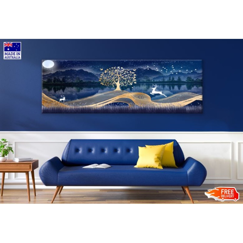 Panoramic Canvas Golden Tree & Running Deers Abstract Design High Quality 100% Australian Made Wall Canvas Print Ready to Hang