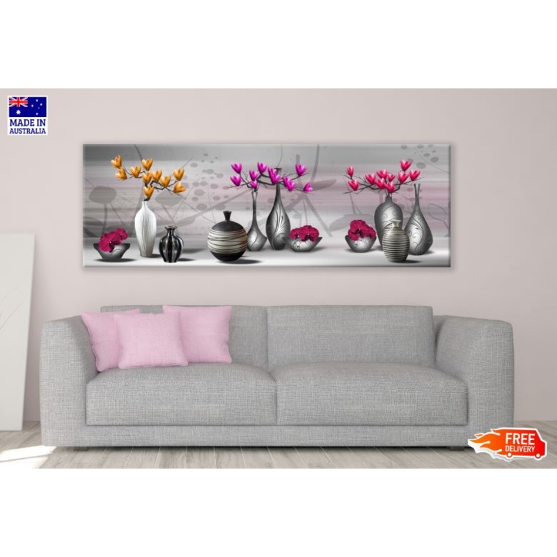 Panoramic Canvas Pink & Orange Flower Vase Digital Art Design High Quality 100% Australian Made Wall Canvas Print Ready to Hang
