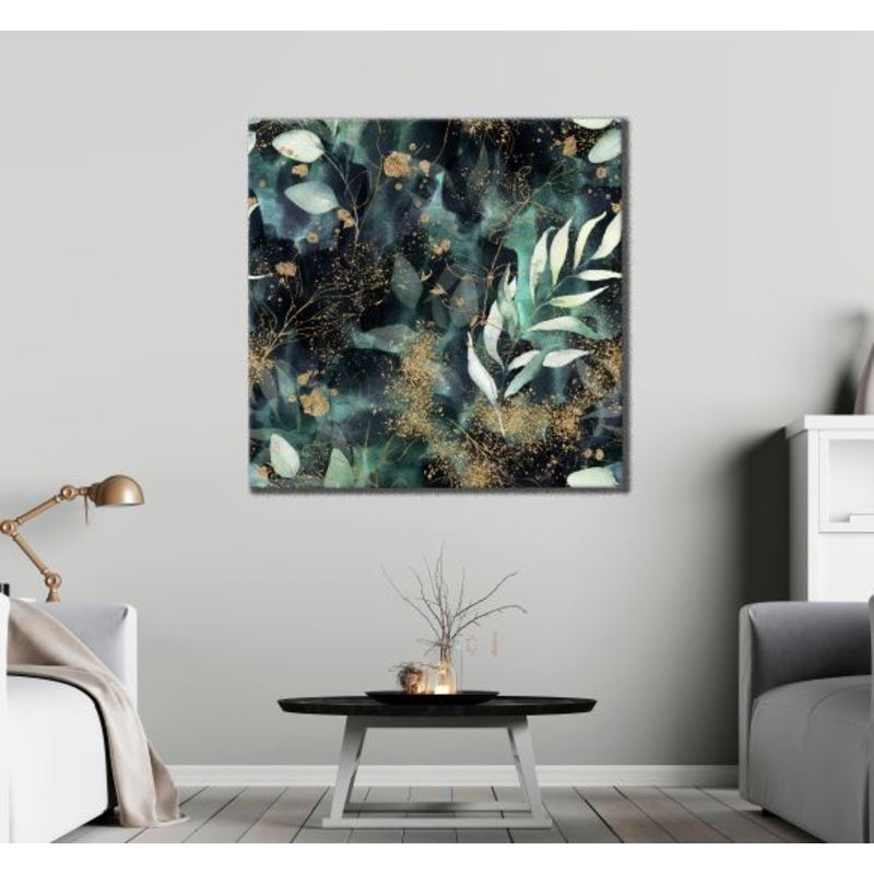 Square Canvas Green Gold Leaves Abstract Design High Quality Print 100% Australian Made