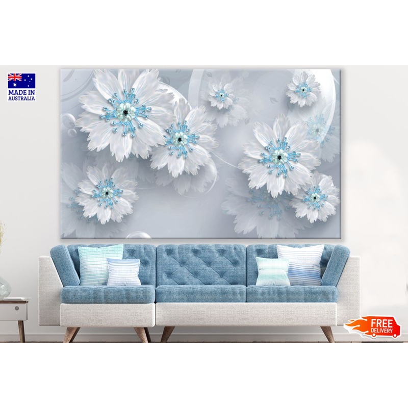 White Blue 3D Floral Design Print 100% Australian Made