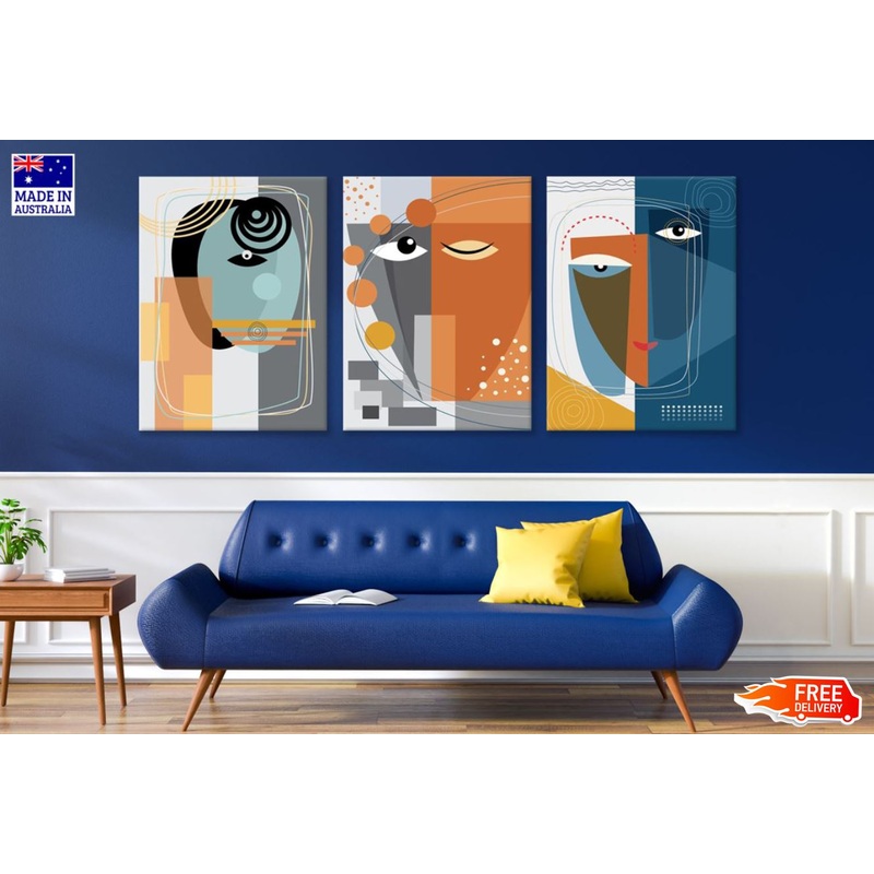 3 Set of Abstract Faces & Shapes Design High Quality Print 100% Australian Made Wall Canvas Ready to Hang