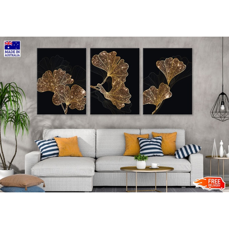 3 Set of Gold & Black Flowers Art High Quality Print 100% Australian Made Wall Canvas Ready to Hang