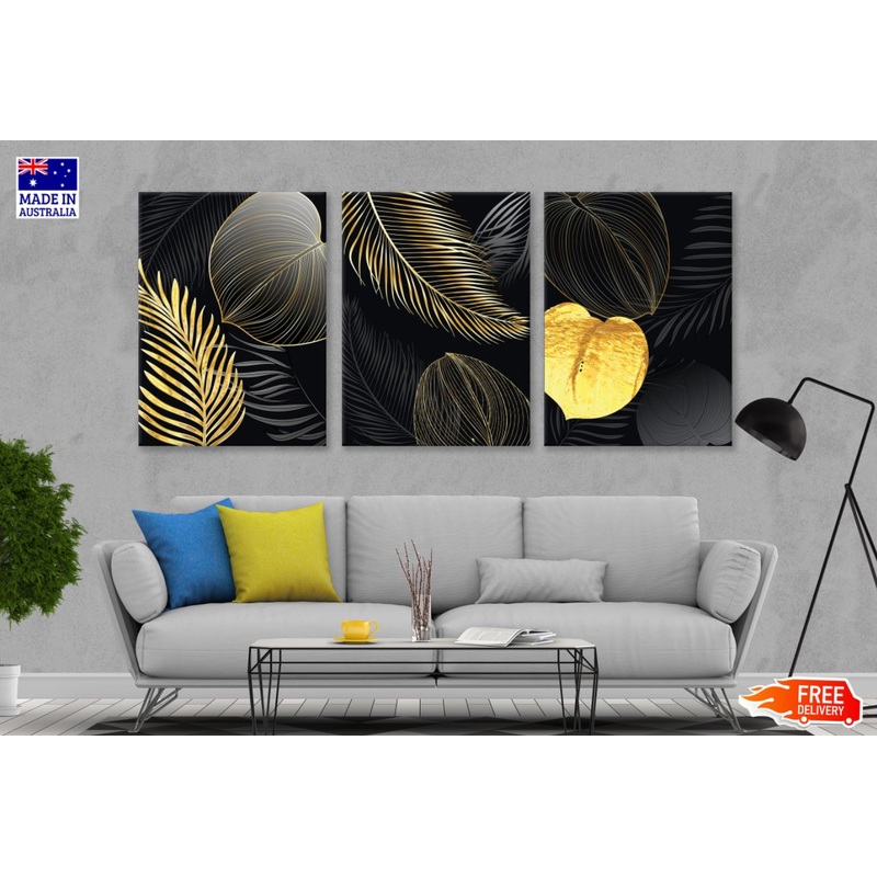 3 Set of Gold & Black Leaves Art High Quality Print 100% Australian Made Wall Canvas Ready to Hang