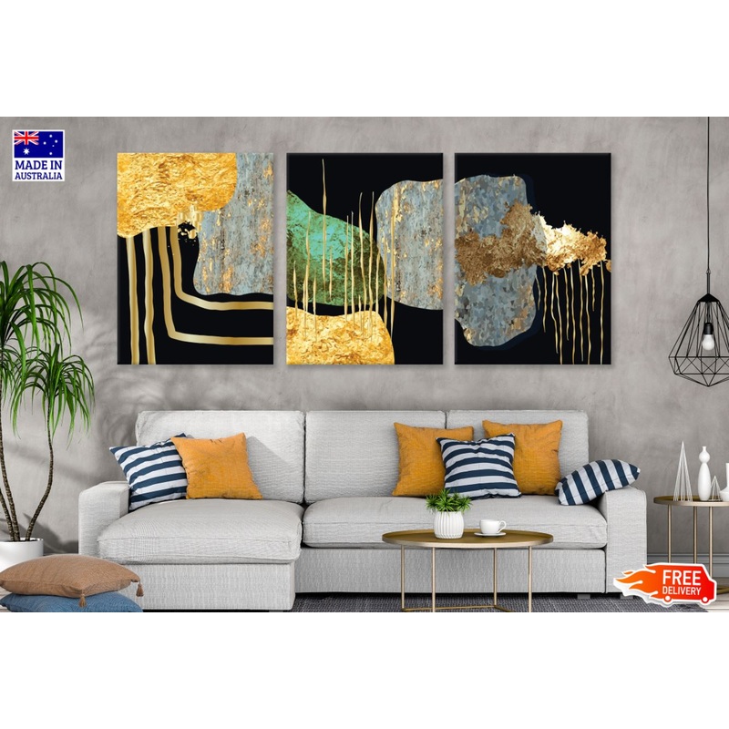 3 Set of Gold Green & Black Design High Quality Print 100% Australian Made Wall Canvas Ready to Hang