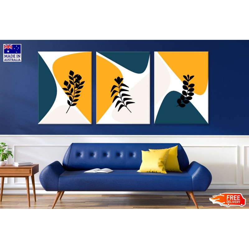 3 Set of Leaves & Abstract Shapes Blue & Orange Design High Quality Print 100% Australian Made Wall Canvas Ready to Hang