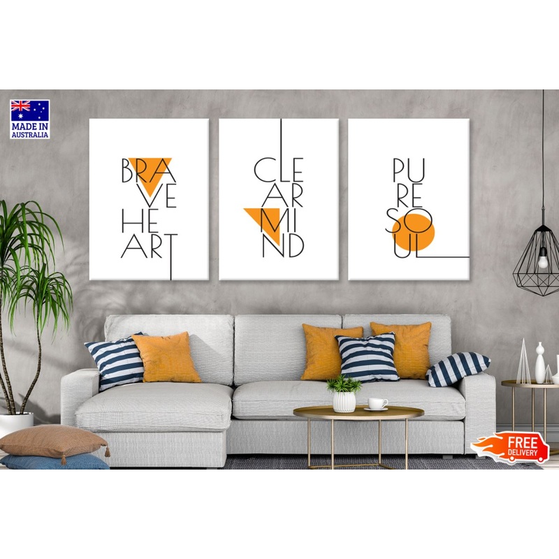 3 Set of Life Motivational Quotes Brave Heart Clear Mind & Pure Soul Design High Quality Print 100% Australian Made Wall Canvas Ready to Hang