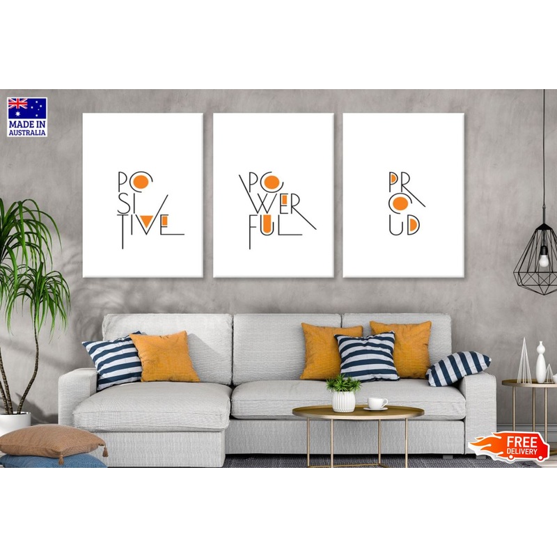3 Set of Positive Powerful Proud B&W Wordings & Orange Shapes Design High Quality Print 100% Australian Made Wall Canvas Ready to Hang