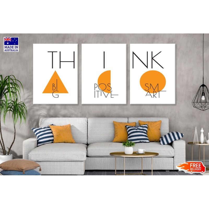 3 Set of Thinkg Big, Positive, Smart Orange Shapes & B&W Wordings Design High Quality Print 100% Australian Made Wall Canvas Ready to Hang