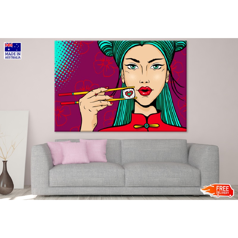 Asian Girl Eating Sushi Illustration Print 100% Australian Made