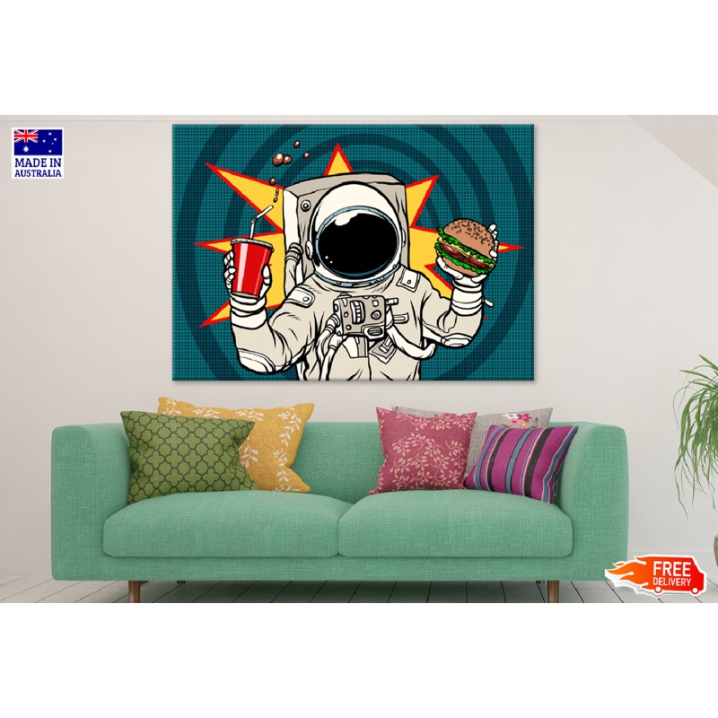 Astronaut Holding Burger & Cola Drink Illustration Print 100% Australian Made