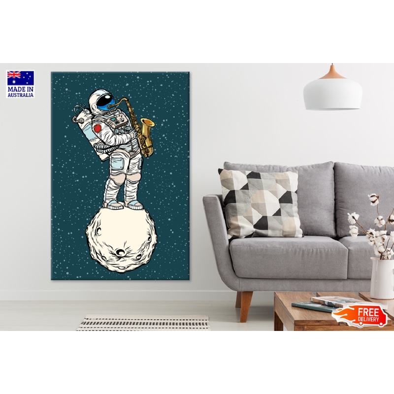 Astronaut Standing on a Planet Playing Saxophone Illustration Print 100% Australian Made