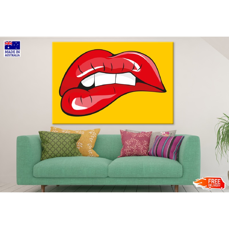 Biting Red Lip On Yellow Background Vector Art Print 100% Australian Made