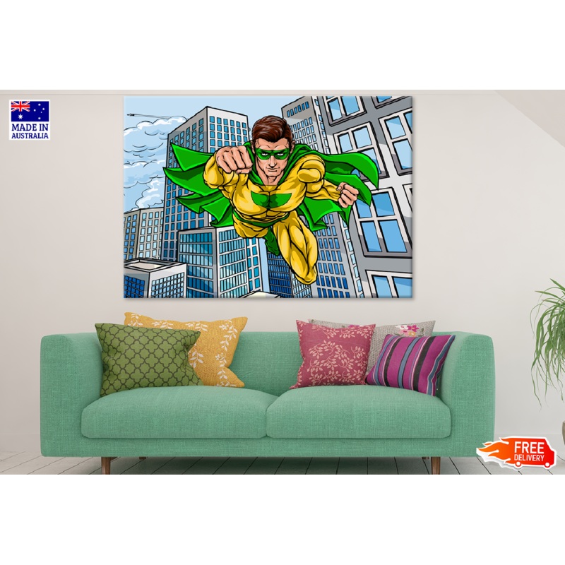 Super Hero Flying in City Illustration Print 100% Australian Made
