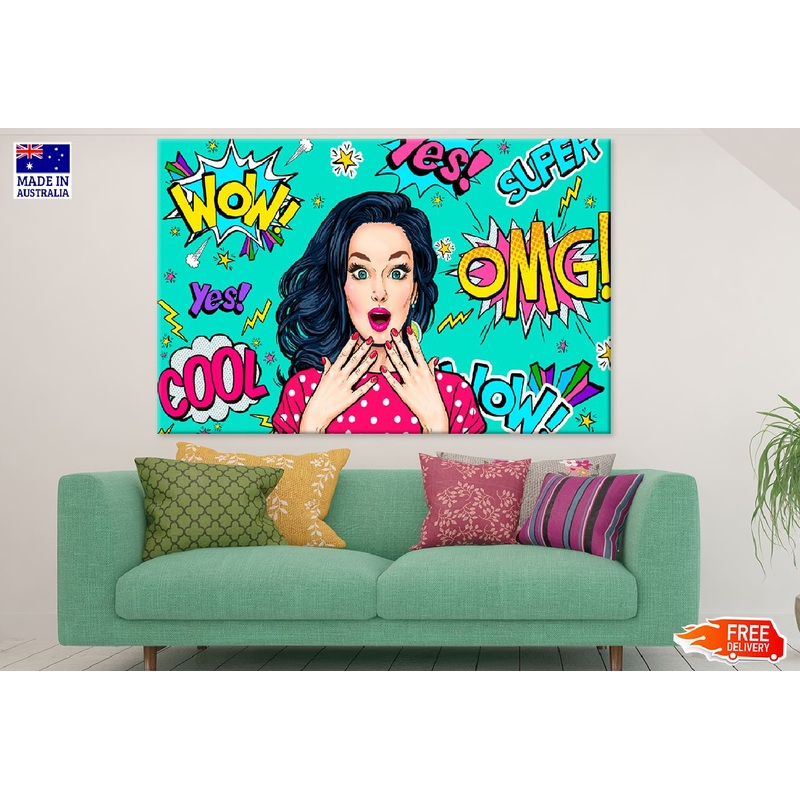 Young Lady & WOW OMG YES SUPER COOL Words Print 100% Australian Made