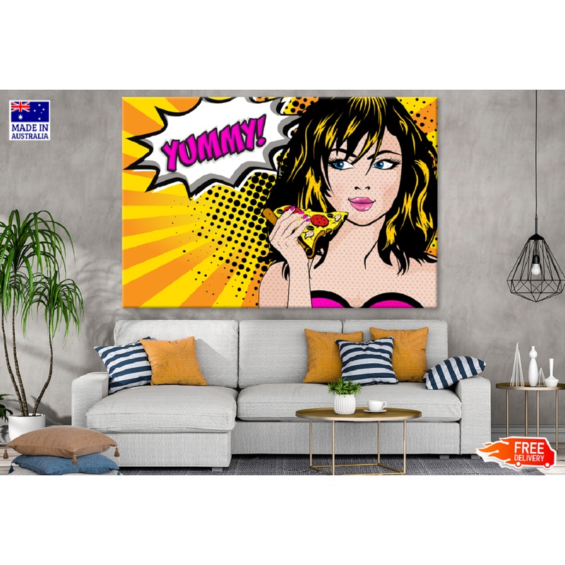 Yummy Quote & Girl Eating Pizza Illustration Print 100% Australian Made
