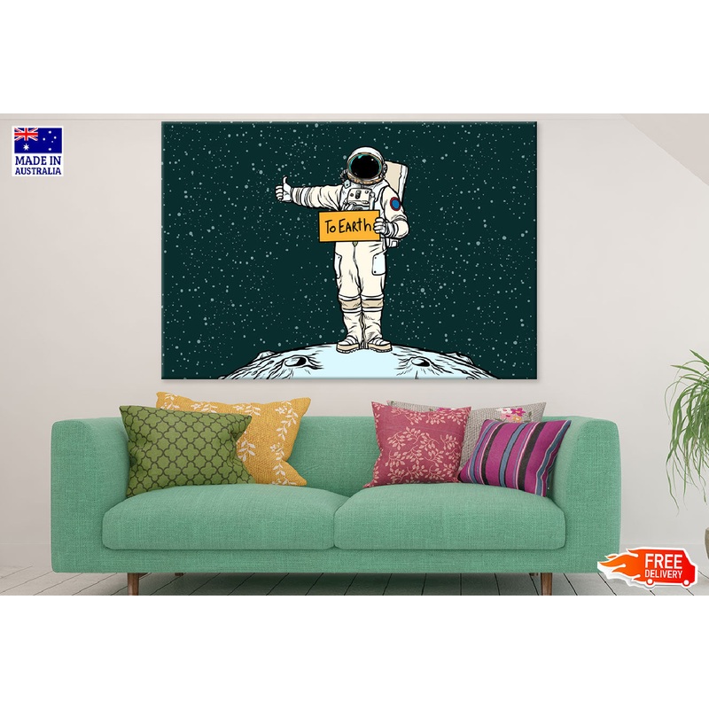Astronaut Hitch Rides On Earth Illustration Print 100% Australian Made