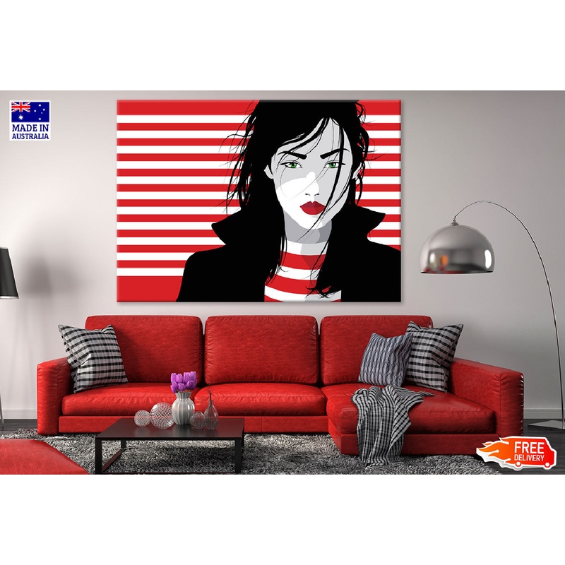 B&W Girl & Red Lines Illustration Print 100% Australian Made